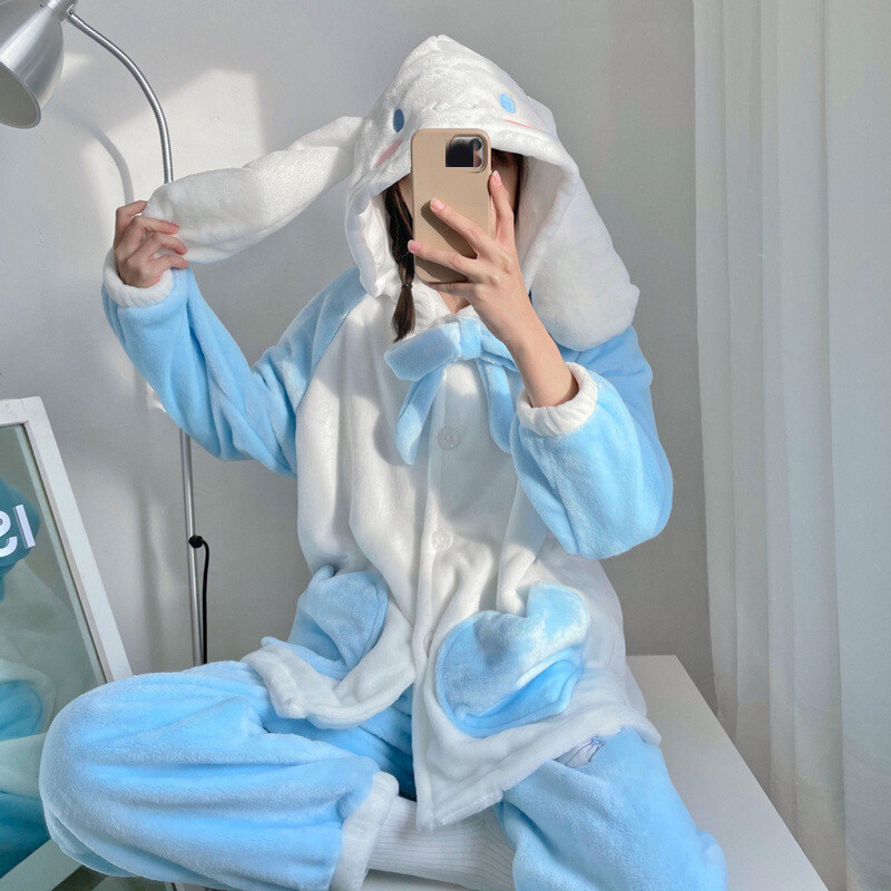 Cinnamoroll Pajamas Winter Women Homewear Suit Flannel Top+ Pants
