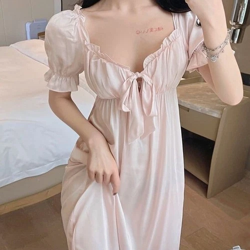 Damen Kunstseide Nachthemd Satin Nachthemd V-Ausschnitt Nachtwäsche Schleife Midikleid - Bild 9 von 23