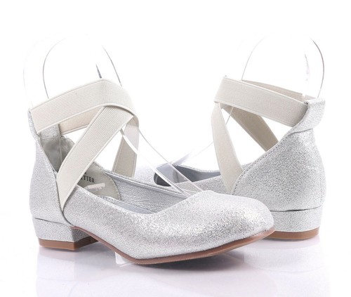 Silver Casual Elastic Cross-Strap Slip-on Low Kitten Heels Girls Kids Size 11 - Picture 3 of 8