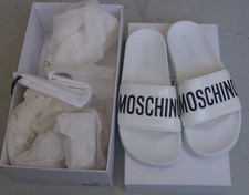 NIB Womens Moschino White Pool Logo Slides Italy 39 US 6