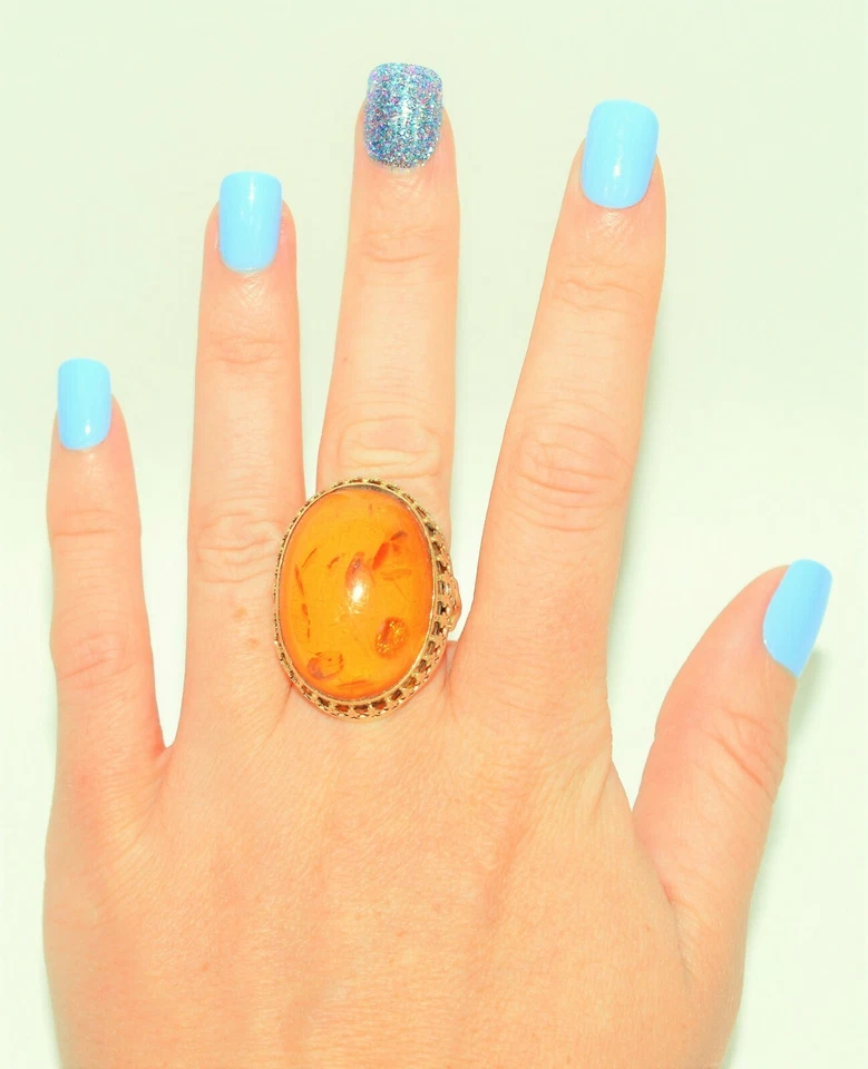 Anillo Ámbar Natural Oro Sólido 14K Solitario Declaración Joyería Antigua Patrimonio Foto 2 de 4