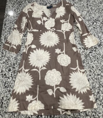 Boden Brown Cream Floral Linen Dress Cottagecore Sz 8 | eBay