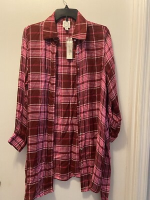 Francesca's Blue Rain red pink plaid flannel women's shirt dress with tie size M