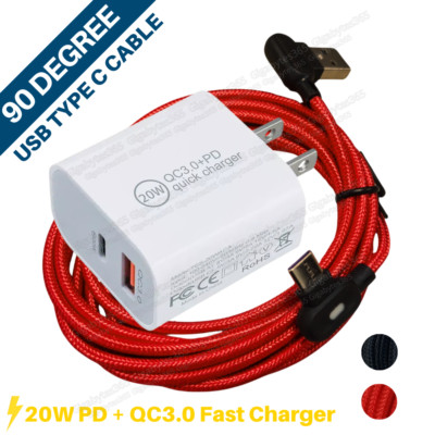 20W Fast Charger QC3.0 USB 90Degree LED Braided Type C Cable For Samsung Android