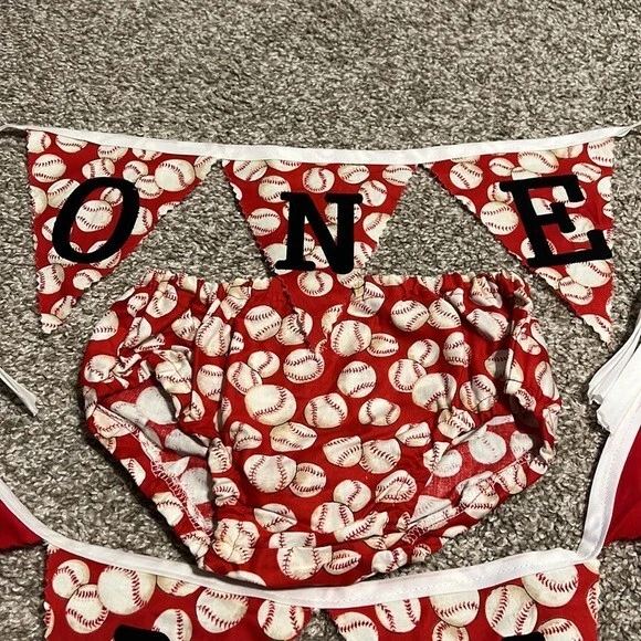 First Birthday Banners & Diaper Cover Red Baseball Sports Handmade 3 Piece Set - Image 2 of 4