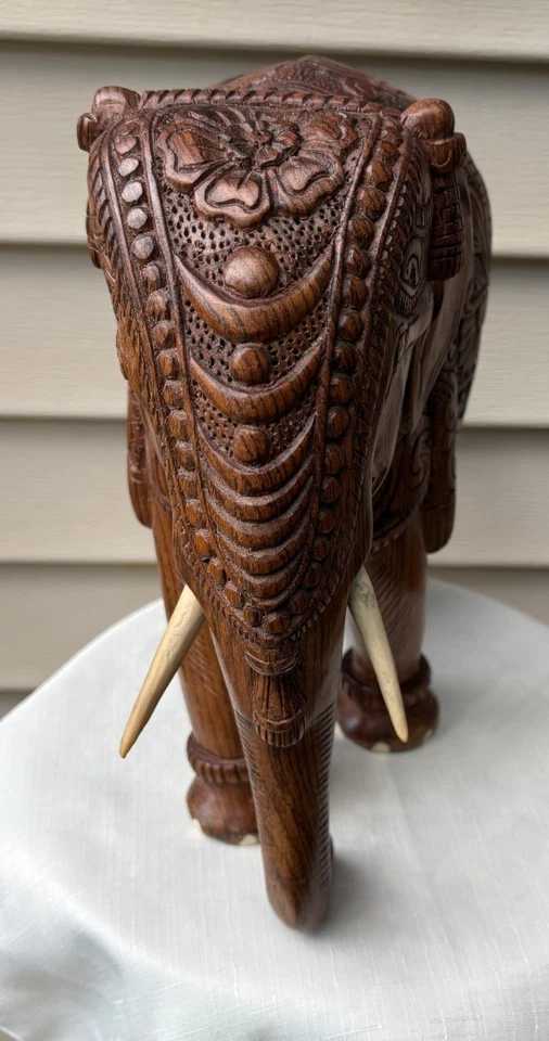 Nueva hermosa estatua grande de elefante indio de madera tallada a mano intrincada Foto 4 de 4