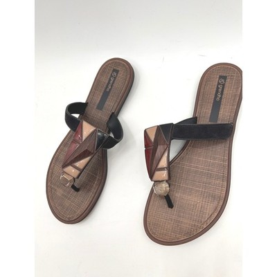 Grendha Womens Geometric Mosaic Thong Sandals Brown Black Size 9 Made In Brazil
