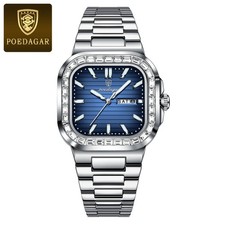 POEDAGAR Men Business Watch Stainless Steel Day Date Luminous Waterproof Quartz