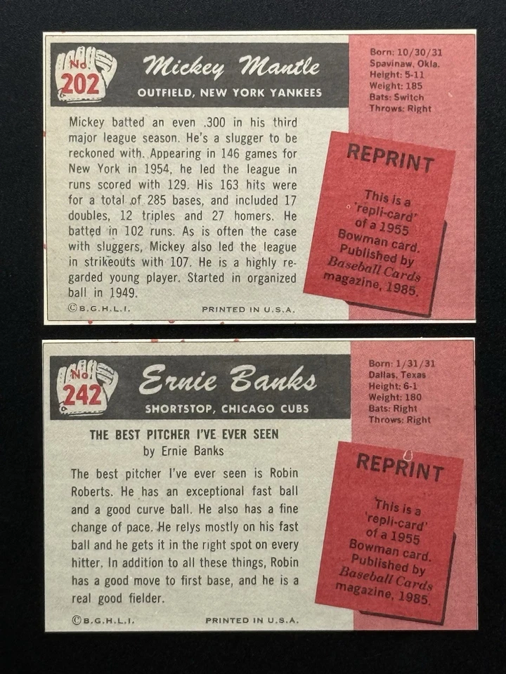 Cartões de beisebol 1985 revistas réplicas 1955 Bowman Mickey Mantle Ernie Banks - Imagem 2 de 2