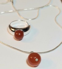 LBVYR Carnelian Stone Necklace 16" Matching Ring Sz 5.5 Silvertone Snake Chain