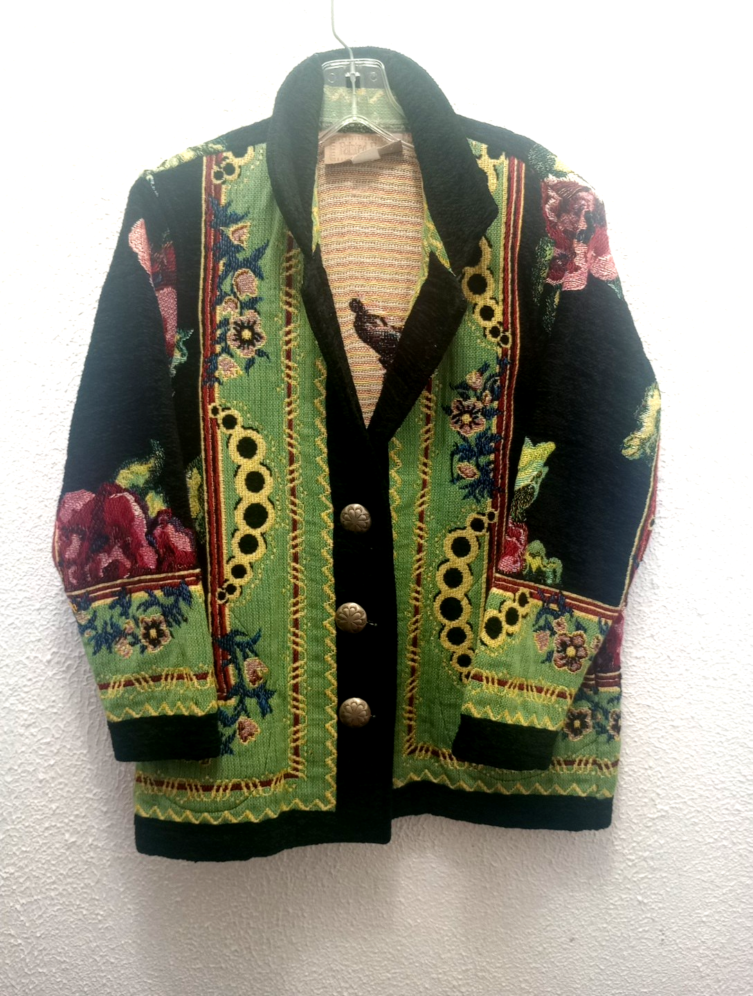 PONY DIPINTO Blazer piccolo vintage spesso trapuntato arazzo nero giacca floreale