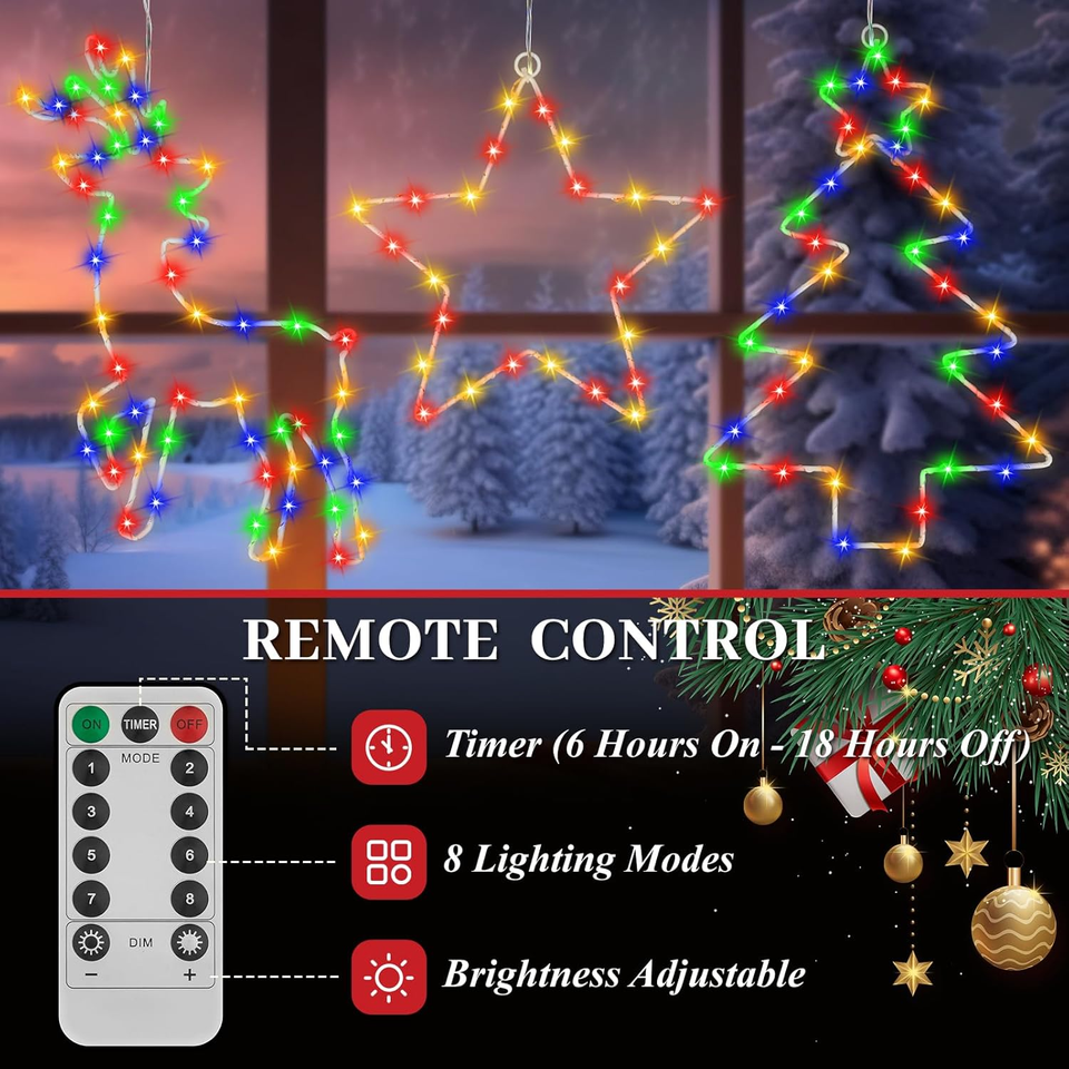 3 Luci LED Natalizie A Batteria - Albero, Renna E Stella - 105 LED, 8 Modalità, Timer - Per Interno/Esterno - 3