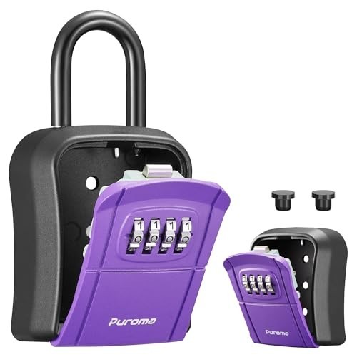 Key Lock Box, 4 Digit Combination, Purple, Wall Mount, Portable Key Storage