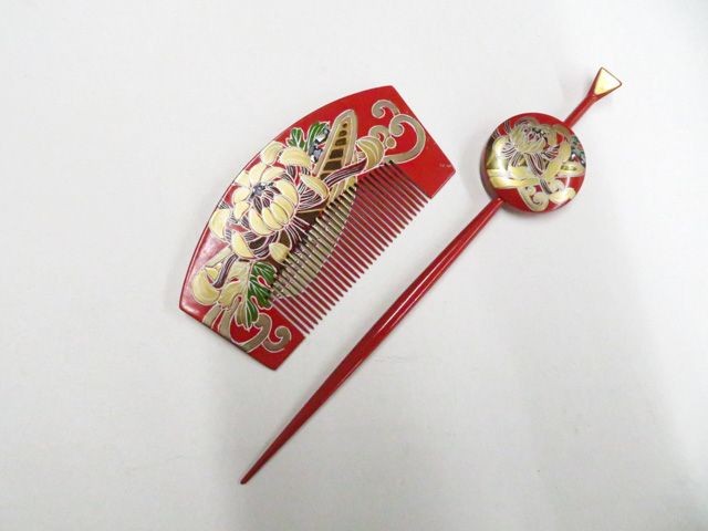 [Excellent] Vintage Japanese Wooden Kanzashi Comb Set Red Floral Hair Accessory