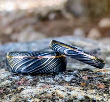 Handmade Damascus Steel Brass Couples Rings- Unique Wedding Bands-Promise Rings