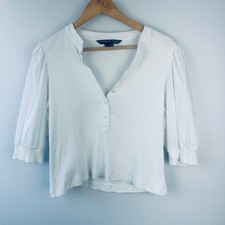 Veronica Beard Jeans White Ribbed Henley Puff Sleeve Top J2208JY0200831