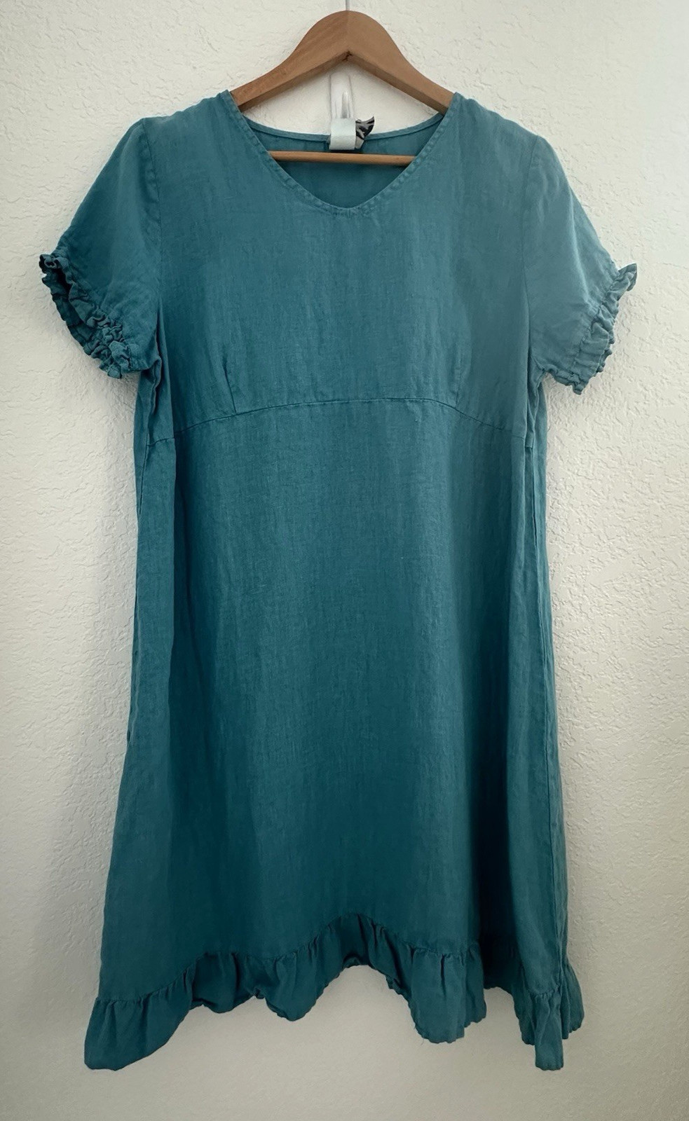 MATCHPOINT USA 100% Linen Mini Dress M Teal Ruffle Oversized Resort Lagenlook