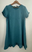 MATCHPOINT USA 100% Linen Mini Dress M Teal Ruffle Oversized Resort Lagenlook