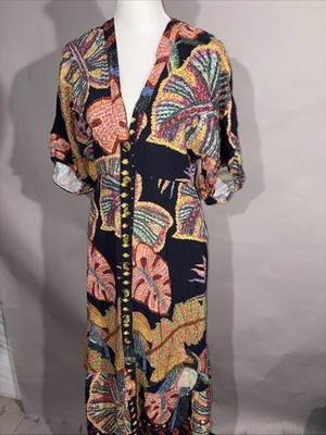 Farm Rio Women s Botanical Print Button Up Maxi Puff Sleeve Dress Sz