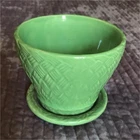 vintage Shawnee pottery green flower pot basket weave