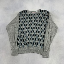 Vintage Abstract Knitted Jumper Patterned Grandad Chunky Knit Sweater Men's L