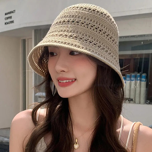 Summer Fashion Wide Brim Bucket Hat For Women Hollow Out Breathable Crochet Sun - Afbeelding 24 van 26