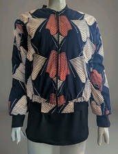 Puff Sleeve Bomber Jacket w/Bold Orange and Cream Geometric African Print M