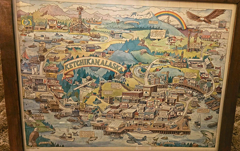 Framed Illustrated Ketchikan Alaska Map Print Poster Wall Art Souvenir Decor