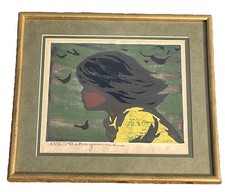 Tadashi Nakayama Signed Girl In Wind 1956 Japanese Woodblock Print Art Framed