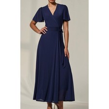 Boohoo Navy Flutter Sleeve Wrap Maxi Dress Formal Evening Party Occasion Sz 8