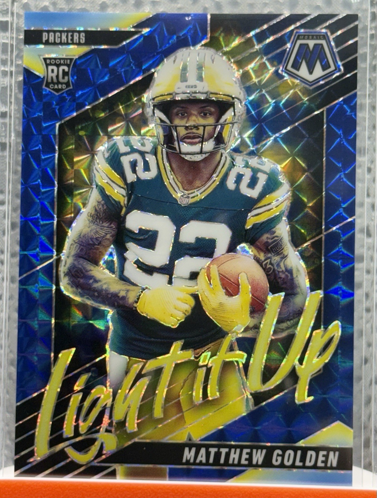 Matthew Golden 2025 Panini Mosaic Light It Up Blue Mosaic /99 Green Bay Packers
