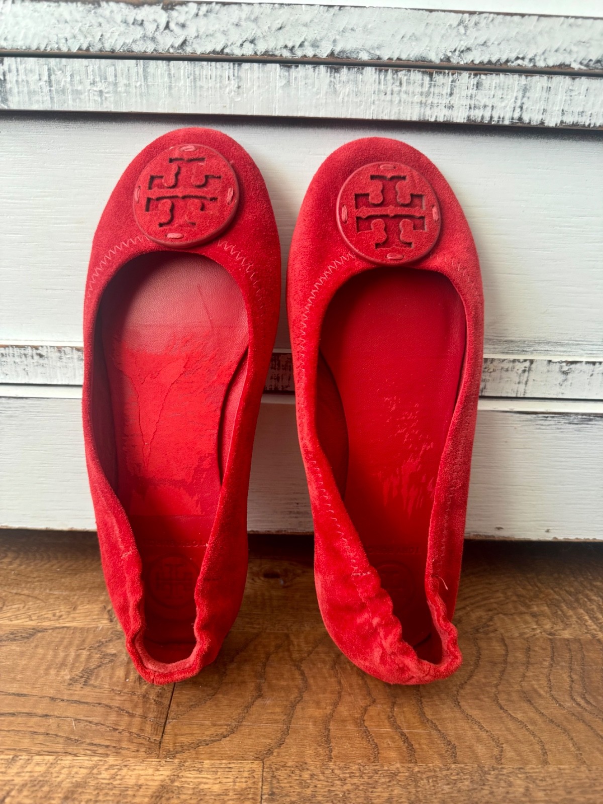 Tory Burch Ruby Red Suede Minnie Travel Ballet Flat Logo Women's Size 5