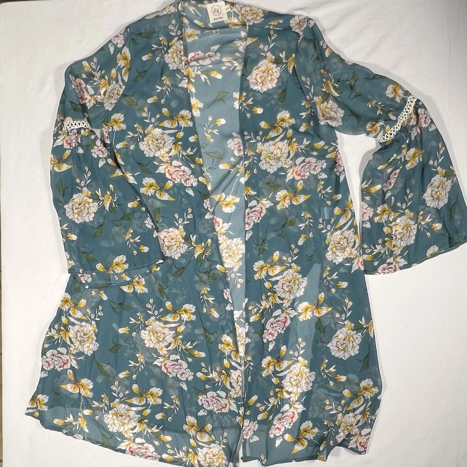 Cárdigan Kimono Floral Grace & Emma Chaqueta Plumero Boho Transparente S/M Amarillo Teal Foto 2 de 4