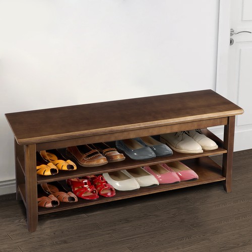 Entryway Bench Shoe Storage Solid Wood Shoe Rack Bench 3Tier Shoe