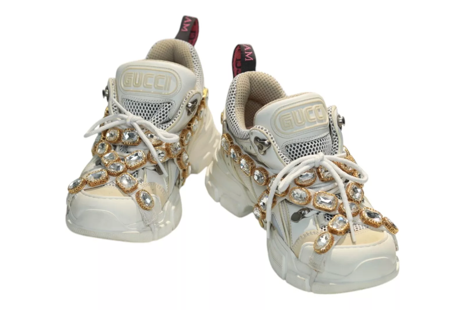 Baskets Gucci Flashtrek blanc gros cuir et maille avec cristaux amovibles 37