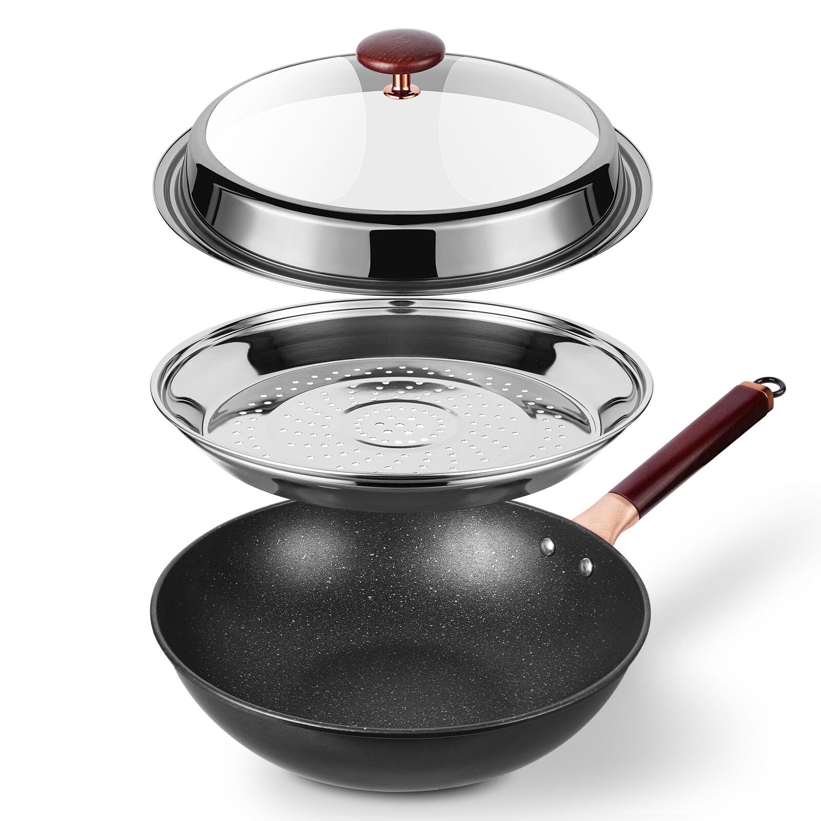 12.5” Woks & Stir-Fry Pans with Lid Steamer, Nonstick Ceramic Wok Pan with Li...