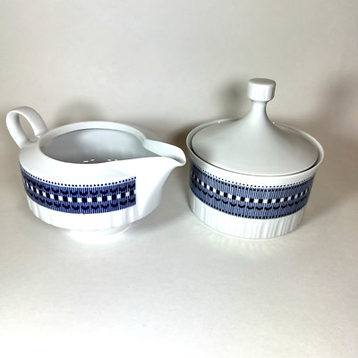 Kahla Sugar Lid Creamer MCM Blue White Geometric Pattern Germany 2-Cup Creamer