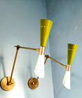 1950's Mid Century Brass Italian Diabolo Wall Sconce Light Fixture 2 Bulb Pair