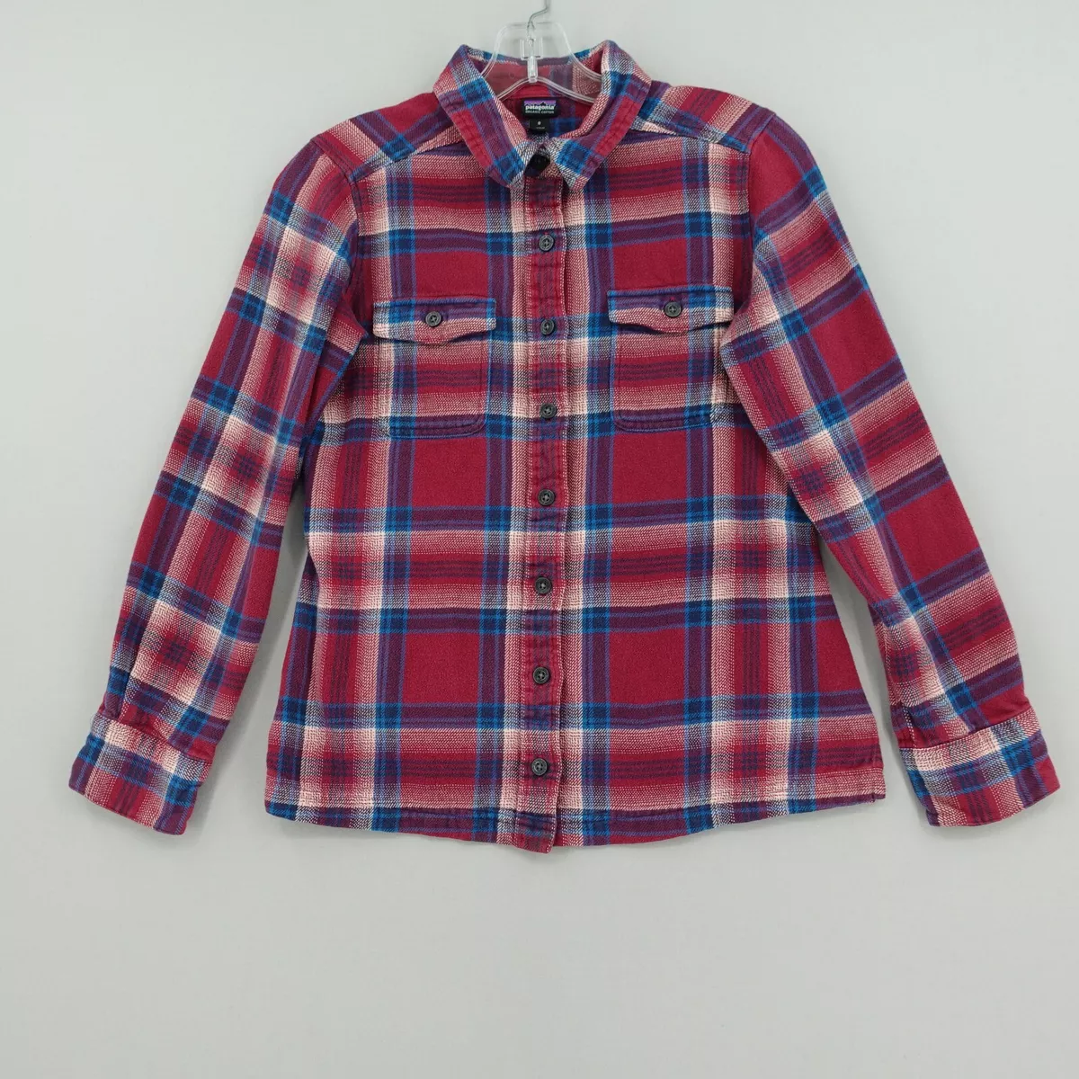 Patagonia Fjord Flannel Shirt Womens Size 0 Pink Blue Plaid Long Sleeve Organic