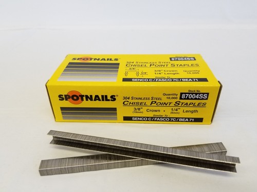 STAPLES 3/8" CROWN BY 1/4" Long STAINLESS STEEL Spotnails 22 GA C04SS, 87004SS - Picture 1 of 6