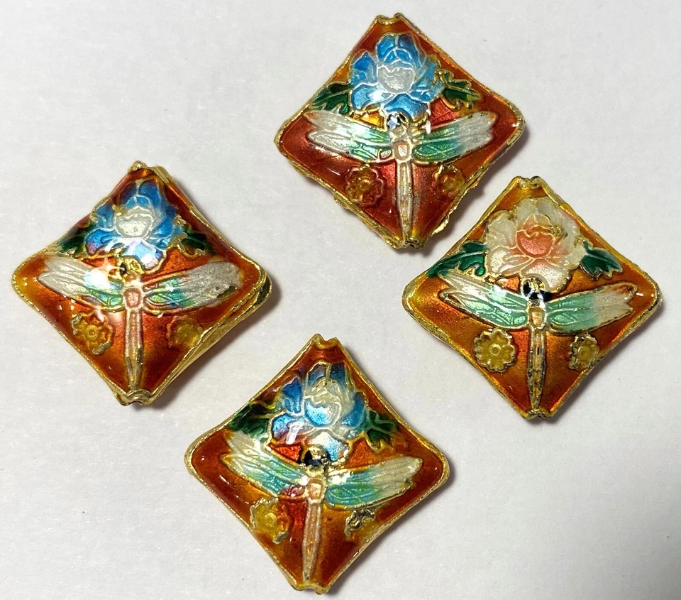 4 cuentas de flor de libélula de diamante de doble cara de 19x6 mm chapadas en oro Cloisonné Foto 2 de 4