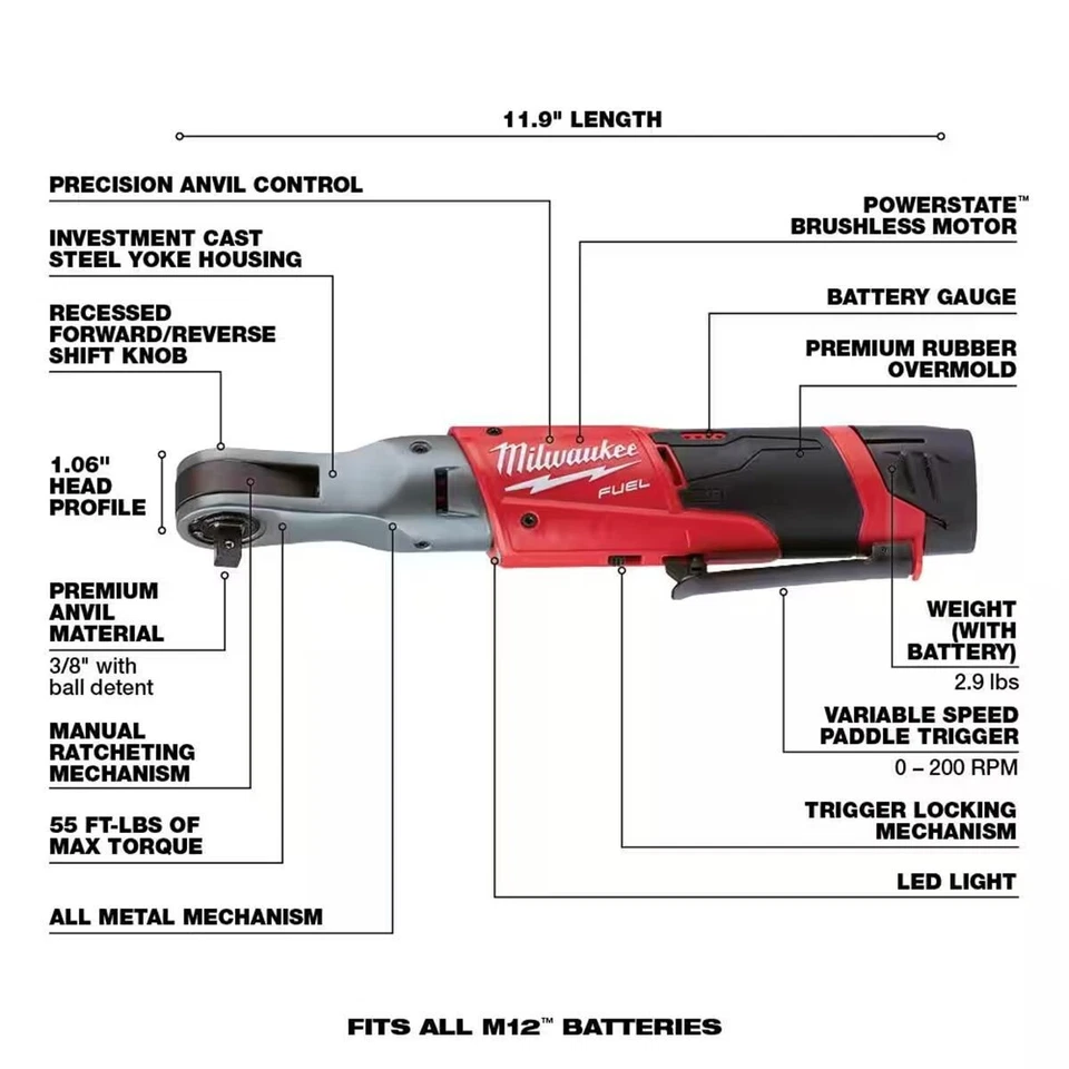Milwaukee 2557-22 M12 COMBUSTIBLE 3/8" Kit de trinquete de accionamiento con 2 baterías y cargador Foto 3 de 3