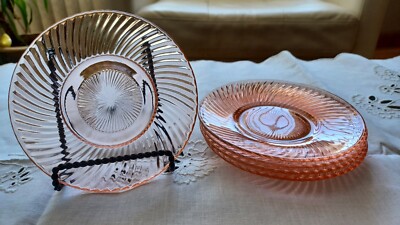 Pink Depression Glass Dessert Bread plates Optic Swirl Plates Sun Burst Center