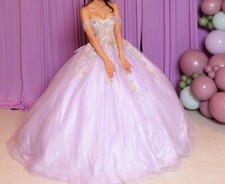 Light Purple Hand Beaded Corset Quince Dress With Floral Accents