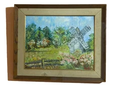 Vintage Impressionist Landscape With Windmill Painting Signed O/B