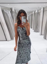 ZARA Silver Foil Print Camisole Slip Maxi Dress Size M Bloggers Ref 8704/734