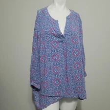 Cynthia Rowley 2X Blouse tunic longsleeve geometric faux wrap  button tiered