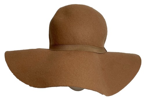 H & M Women’s Wide Brim Hat 58/L Tan 100% Wool Felt Floppy 70S Hippie Inspired