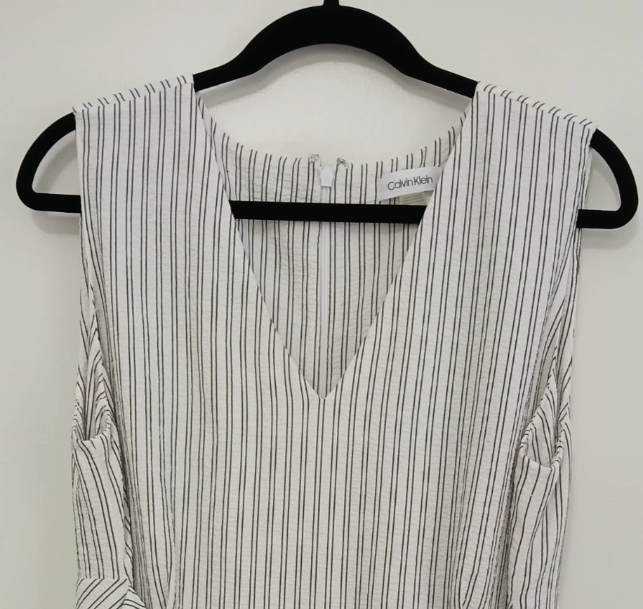 CALVIN KLEIN Sleeveless Wide-Leg Jumpsuit White with Black Pinstripes Size 16 - Image 3 of 4