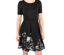 Elie Tahari Black Pleated Dress Fit & Flare Dress Abstract Print White Womens 4